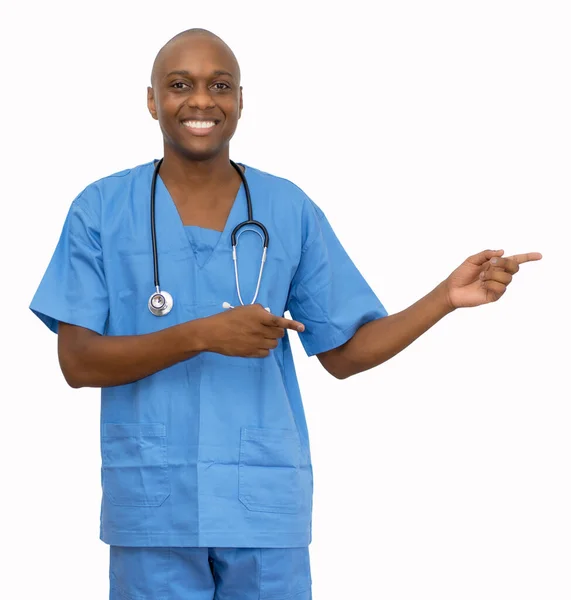 Pointing African American Mature Male Nurse Isolated White Background Cut — Stock Photo, Image