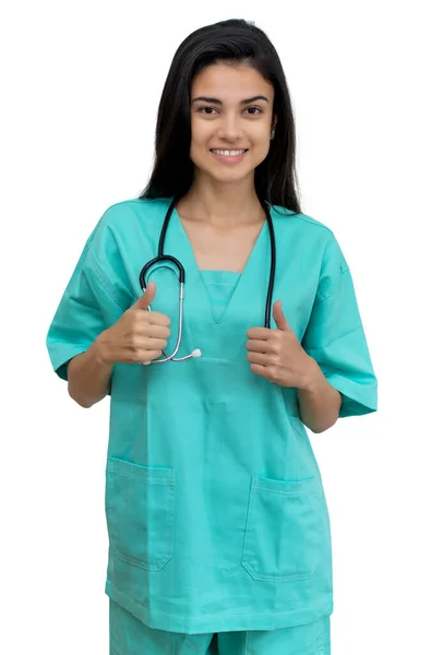 Spaanse Vrouwelijke Verpleegkundige Medische Student Tonen Duim Omhoog Geïsoleerde Witte — Stockfoto
