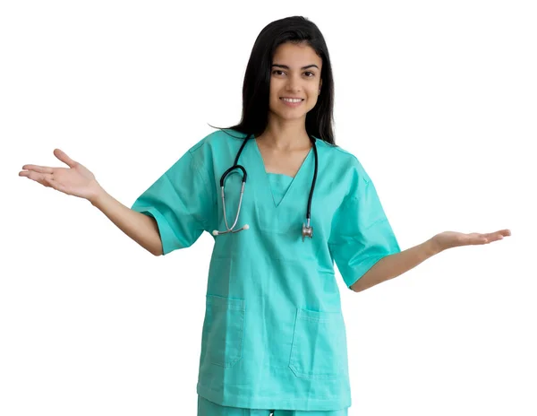 Jonge Spaanse Vrouwelijke Verpleegkundige Medisch Student Geïsoleerde Witte Achtergrond Voor — Stockfoto