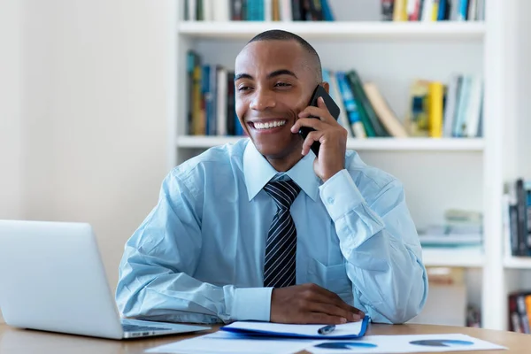 African American Businessman Stay Home Talking Client Phone Indoors Office — Stock Photo, Image