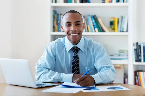 Laughing African American Businessman Stay Home Writing Notes Indoors Office — Stock Photo, Image