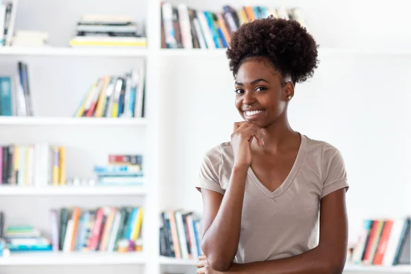 Laughing Afro American Young Adult Woman Copy Space Indoors Home — Stock Photo, Image