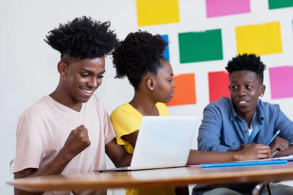 Cheering African American Male Student Computer Group Students Classroom University — Stock Photo, Image