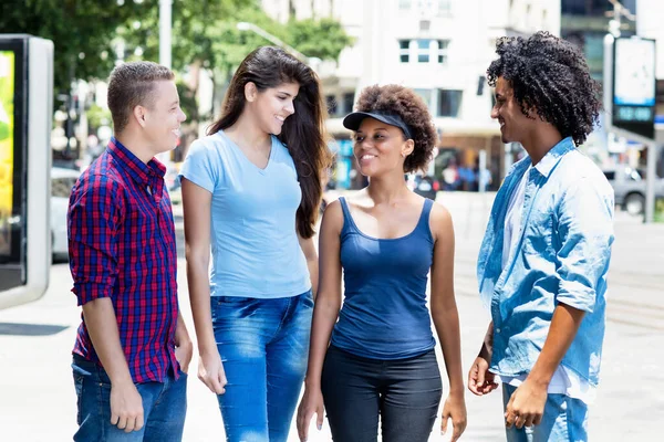 Group American Latin Young Adults Talking Hanging Out Summer City — Stock Photo, Image