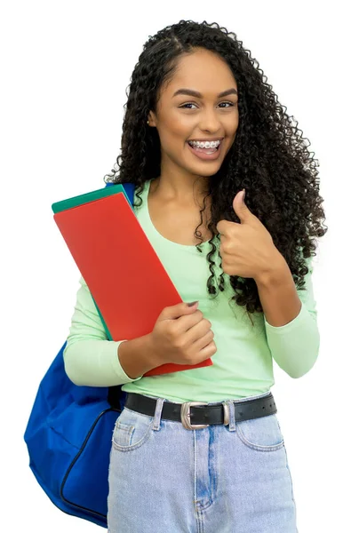 Studente Ispanico Successo Con Allineatore Dentale Libri Zaino Isolato Sfondo — Foto Stock