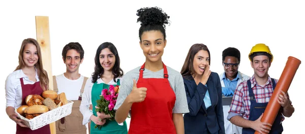 Young Hispanic Waitress Group International Apprentices Isolated White Background Cut — Stock Photo, Image