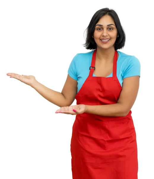 Presenting Mature Adult Latin American Waitress Showing Isolated White Background — Stock Photo, Image