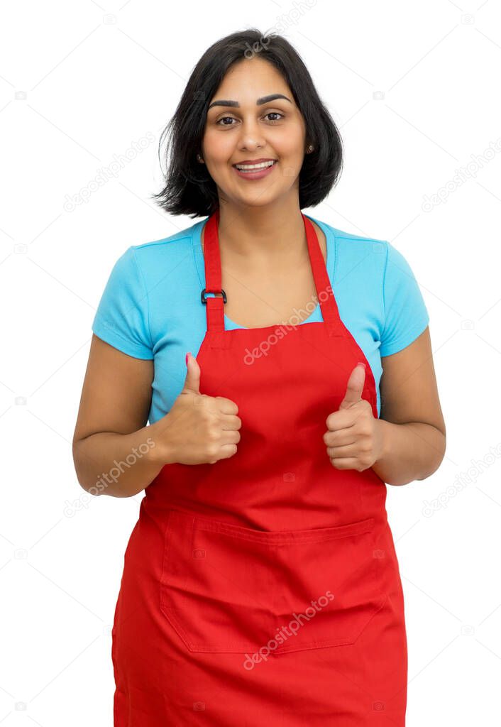 Mature adult latin american waitress showing both thumbs up isolated white background for cut out