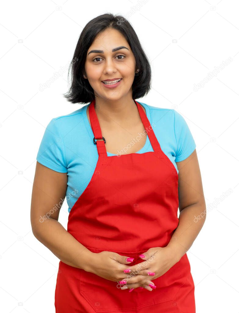 Beautiful mature adult latin american waitress isolated white background for cut out