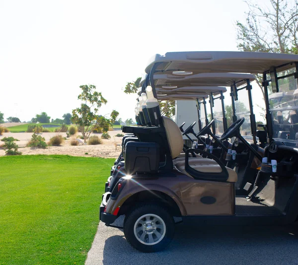 Carro de golf en un cierre de golf. Carros de golf y palmera en azul . —  Fotos de Stock