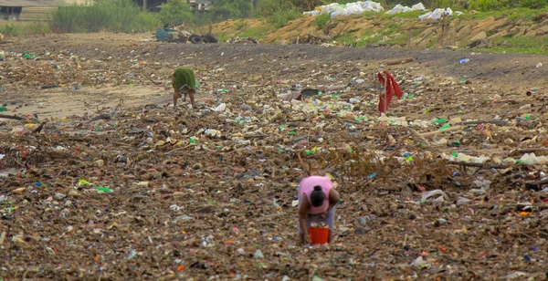 Sea Pollution: Garbage dumped in the Sri Lankan Sea near Colombo. women collects plastic things in a pile of garbage brought by the surf from the sea