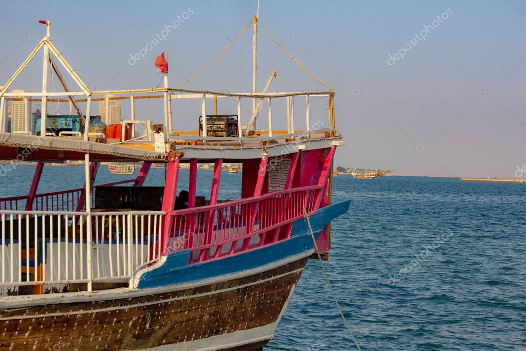 Traditional Boats Called Dhows Are Anchored In The Port Near Museum Of Islamic Art Park Doha Qatar Traditional Arabian Wooden Boats Dhow Fishing Boats 339448420 Larastock