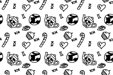 Beyaz ve siyah desenli çay, tatlılar, turtalar, dünya