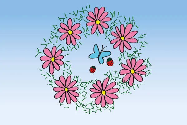 Kranz Aus Schönen Blumen Schmetterling Gänseblümchen — Stockvektor