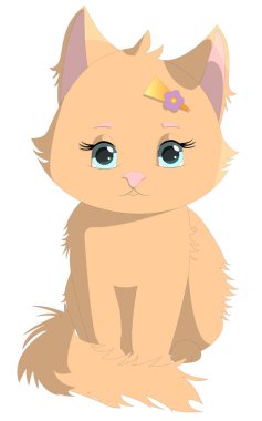 Beyaz arka planda izole edilmiş sevimli kedicik. Sevimli hayvan. Elinde saç tokasıyla oturan sevimli bir kedi. Çizgi film tarzında renkli illüstrasyon.