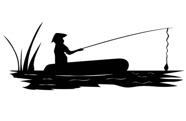 Pescador Está Sentado Barco Pesca Com Uma Vara Pesca Silhueta — Vetor de Stock