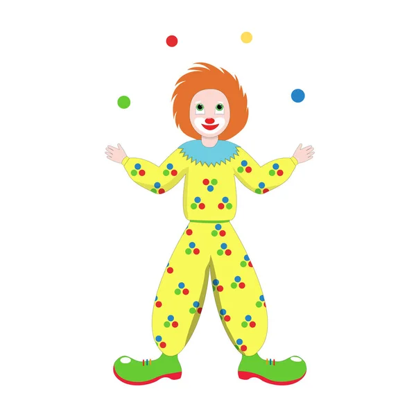 Cirkus Tecknad Clown Ler Och Jonglerar Bollar Illustration Isolerad Vit — Stock vektor