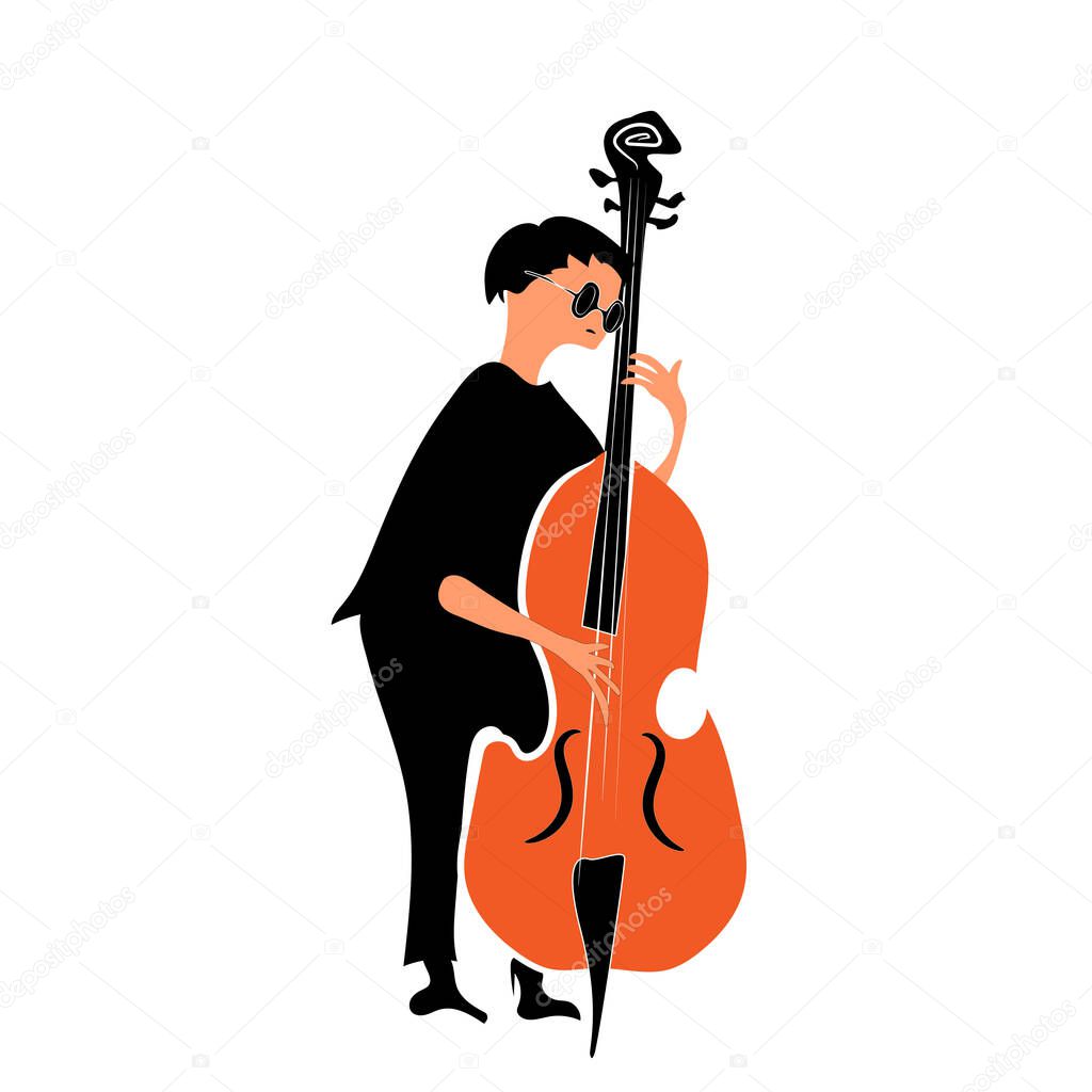 Jazz musician in black clothes playing the double bass. A character in black clothes and glasses plays the double bass. Illustration isolated on white background.