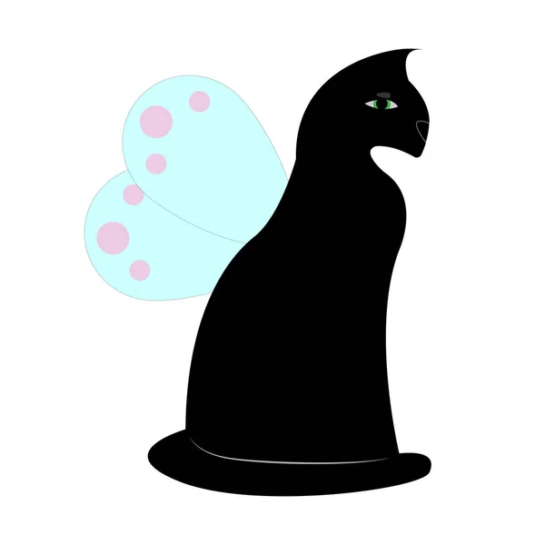 Illustration Chat Noir Avec Des Ailes Bleues Œil Vert Isolé — Image vectorielle