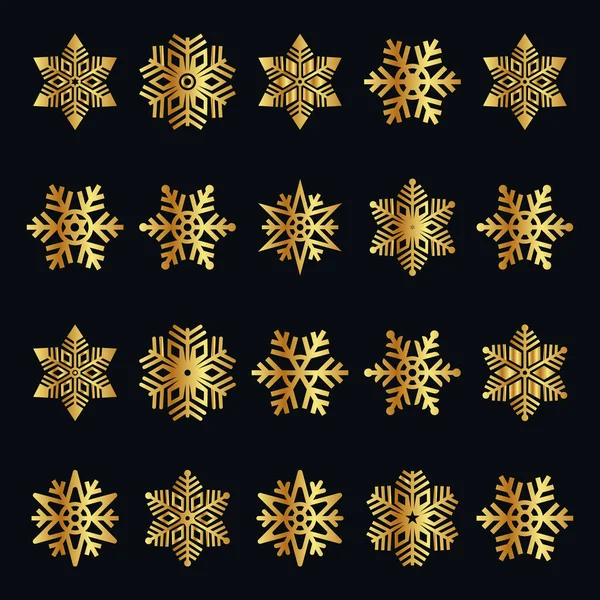 冬コレクション雪の結晶アイコンベクトルデザイン クリスマスホリデー冬雪の結晶ロゴデザインのセット 黒の背景を持つゴールドスノーフレークベクトルバンドル — ストックベクタ