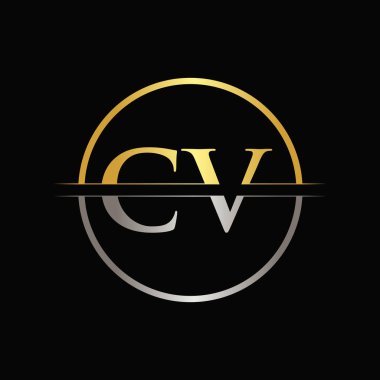 İlk Altın ve Gümüş Renkli CV Logo Tipografi Vektör Şablonu. Yaratıcı Soyut Harf CV Logo Tasarımı