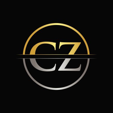 İlk Altın ve Gümüş Renkli CZ Harf Logosu Typography Vector Şablonu. Yaratıcı Soyut Harf CZ Logo Tasarımı