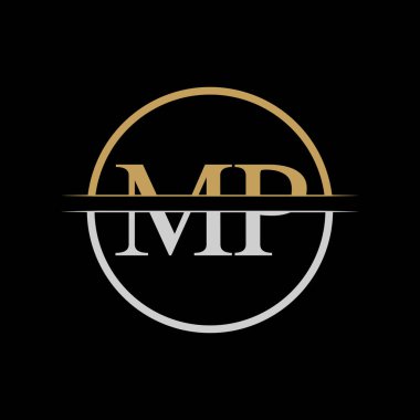 İlk MP harfi Logo Tasarım Vektör Şablonu. Altın ve Gümüş Harfler MP logosu Tasarımı