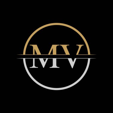 İlk MV harfi Logo Tasarım Şablonu. Altın ve Gümüş Harf MV logosu Tasarımı