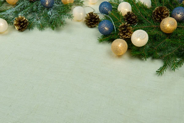 Christmas composition, Christmas decor laid out on a natural linen bedspread. Eco Christmas is always in fashion. Can be used as postcards, backgrounds, wallpapers, posters ... Christmas flat lay