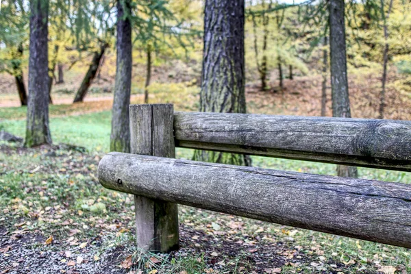 Un viejo banco hecho de troncos. Banco de madera en un parque de otoño .. — Foto de Stock