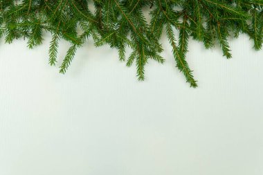 Beyaz ahşap arka planda ladin dalları. maketleme