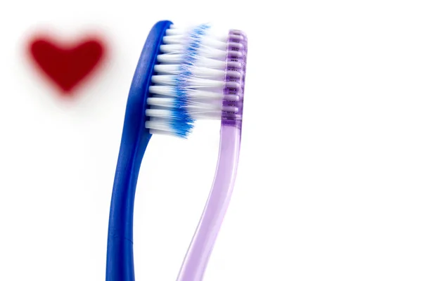 Beyaz arka planda izole edilmiş bir çift pembe ve mavi diş fırçası. Sevgililer Günü için aşk konsepti — Stok fotoğraf