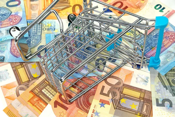 在欧元钞票上的空购物车。 在购物车里买东西，欧元钱。 购物、贷款、储蓄、养老金、投资概念 — 图库照片