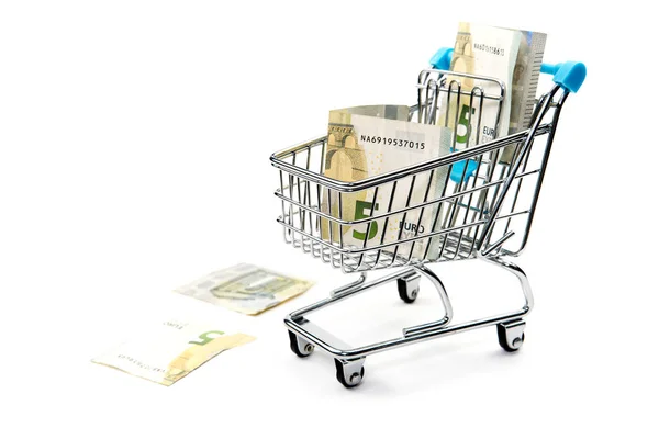 Shopping cart full of euro banknotes isolated on white. Concept: loan, investment, pension, saving money, financing, collateral, debt, mortgage, financial crisis or rise, rise or fall of shares — Stok fotoğraf