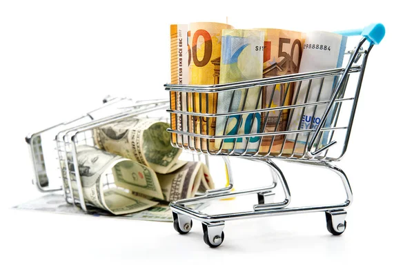 Shopping cart full of euro banknotes isolated on white. Concept: loan, investment, pension, saving money, financing, collateral, debt, mortgage, financial crisis or rise, rise or fall of shares — Stok fotoğraf