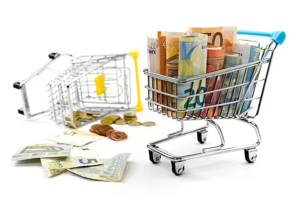 Shopping cart full of euro banknotes isolated on white. Concept: loan, investment, pension, saving money, financing, collateral, debt, mortgage, financial crisis or rise, rise or fall of shares — Stok fotoğraf