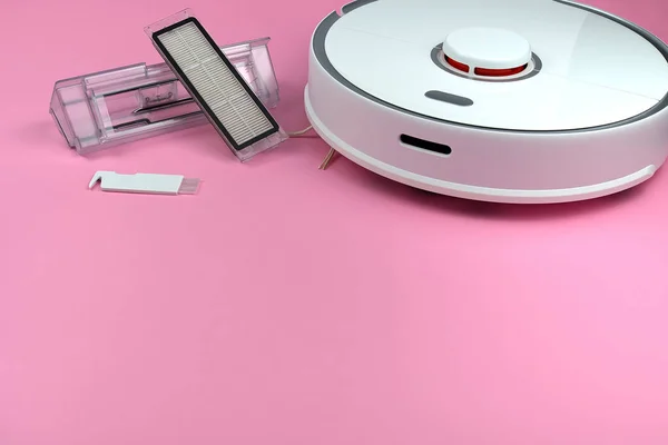 white robot vacuum cleaner on a pink background. The procedure for cleaning the robot vacuum cleaner after cleaning. future home technology.