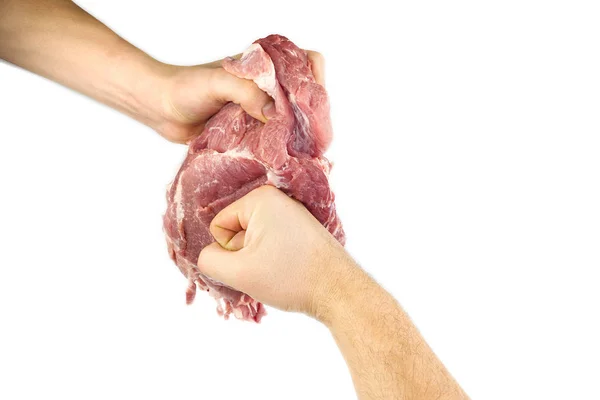 Ręczne boks duży kawałek surowego wieprzowiny szyi, izolowane na białym z miejsca kopiowania — Zdjęcie stockowe