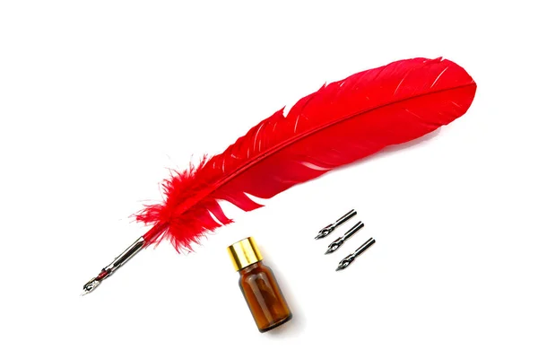 A red feather pen isolated on white background — Stok fotoğraf