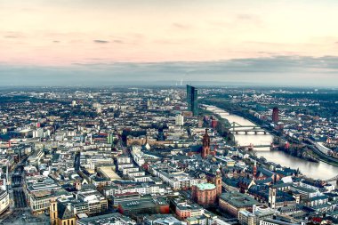 Aerial view of Frankfurt am Main at sunset. Frankfurt, Germany at golden hour. hdr shoot