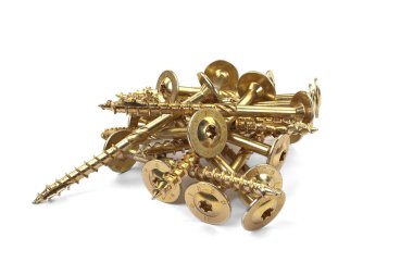 Gold torx screw isolated on white. Yellow zinc chipboard screw Torx, , full thread close up