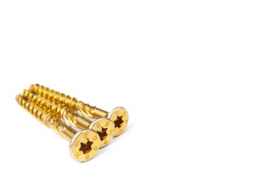 Gold torx screw isolated on white. Yellow zinc chipboard screw Torx, , full thread close up