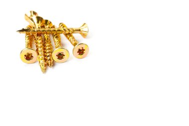 Gold torx screw isolated on white. Yellow zinc chipboard screw Torx, , full thread close up