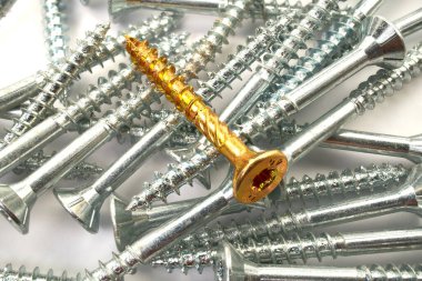 Torx screws close up. Gold screws for wood, chipboard or plywood with torx head.