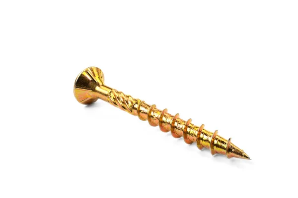 Gold torx screw isolated on white. Yellow zinc chipboard screw Torx, , full thread close up — Stok fotoğraf