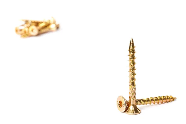 Gold torx screw isolated on white. Yellow zinc chipboard screw Torx, , full thread close up — 图库照片