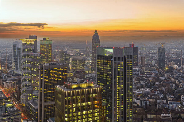 Sunset over business center of Frankfurt am Main. FFM aerial view