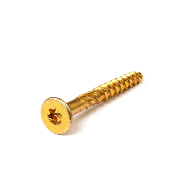 Torx tornillo de oro aislado en blanco. Torx tornillo de madera aglomerada de zinc amarillo,, hilo completo de cerca — Foto de Stock