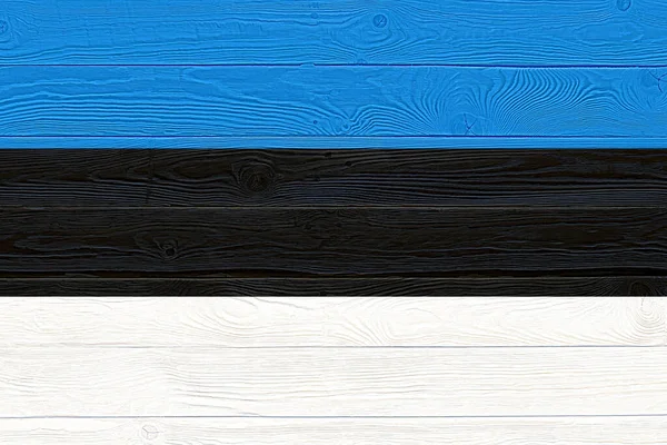 Eski tahta zemine Estonya bayrağı boyanmış. Fırçalanmış doğal ışık düğümlü ahşap tahta doku. Estonya 'nın ahşap desenli arka plan bayrağı . — Stok fotoğraf