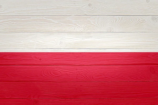 Polonya bayrağı eski ahşap zemin üzerine boyanmış. Fırçalanmış doğal ışık düğümlü ahşap tahta doku. Polonya 'nın ahşap desenli arka plan bayrağı. — Stok fotoğraf